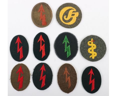8x WW2 German Signals Blitz Arm Badges, fine examples of the embroidered lightning bolt insignias worn by signallers in the v