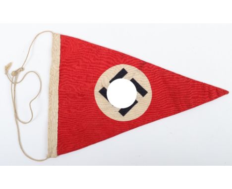 Third Reich NSDAP Pennant, fine small triangular printed pennant in the form of a NSDAP swastika flag. Rope ties to the edge.