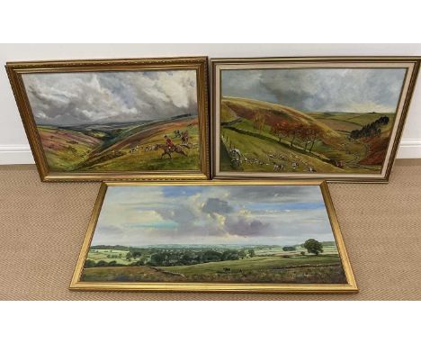 † BRYAN DAY; a pair of oils on canvas, Exmoor hunting scenes, signed and dated bottom left, largest 50 x 76 cm, together with