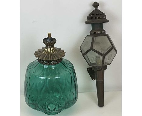 A metal and glass wall lamp in the style of acarriage lamp, height 58cm, also with an imposing green moulded glass shade with