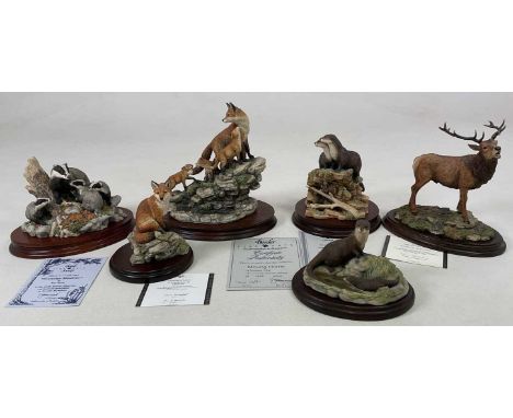BORDER FINE ARTS; six animal figure groups comprising 'Foxes Moving Home' 932/1500, badgers, a members only model, otters, al