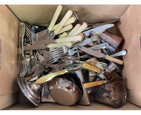 A quantity of silver plated flatware and other items.
