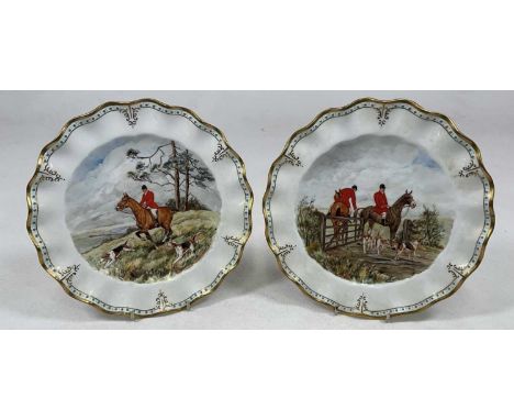 ROYAL CROWN DERBY; a pair of hand painted hunting scene plates numbered 2 and 6 (both seconds), diameter 25.5cm. Condition Re