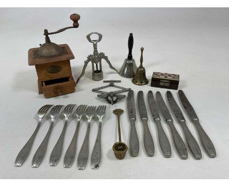 Collectors' items, comprising a French antique coffee grinder, a French Perfect Brevete SGDG concertina, corkscrews, a brass 