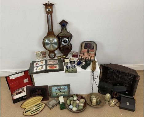 A group of collectors' items, to include an old postcard album, a faux enamel travel set, onyx eggs, a calligraphy set, barom