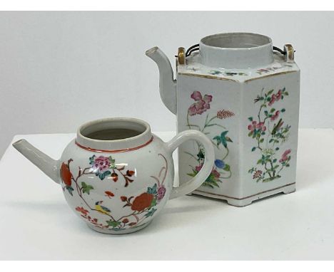 A 19th century Chinese Famille Rose teapot of hexagonal form, each panel painted with insects amongst flower heads, lacking l