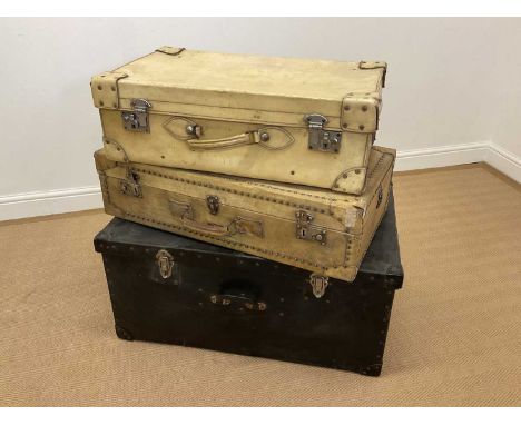 An early 20th century vellum travel case with chrome locks, height 23cm, width 71cm, depth 43cm, and an early 20th century ve