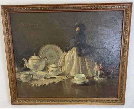 N. Davis; oil on canvas, still life of porcelain with doll, signed top left, N Davis , Munchen  74 x 89cm, framed.