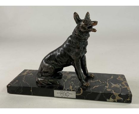 A mid 20th century bronze style model of a German Shepherd dog, mounted on a rectangular marble base, dog height 23cm, length