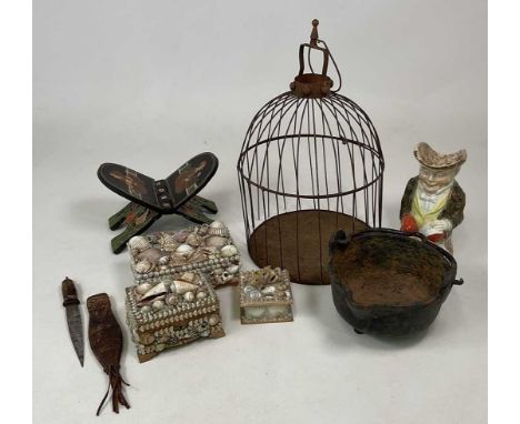 Mixed collectors' items, comprising a wooden Indian painted book stand, three shell decorative boxes, a Malaysian dagger, Tob