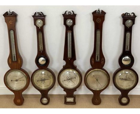 C J SCHALFINO OF TAUNTON; two aneroid banjo barometer/thermometers with Masonic emblems embossed on the dials, another exampl