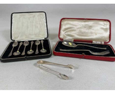 A cased set of six George V hallmarked silver coffee spoons, London 1928, a cased silver christening spoon and fork and a pai