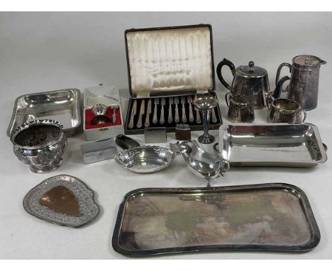 A group of silver plated items including entrée dish, teapot and a fruit knife and fork set, also an Eastern metal dish.