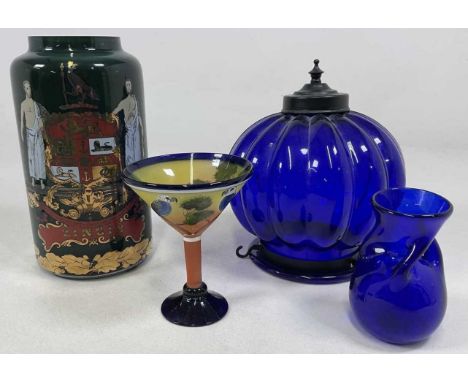 A transfer decorated dark green glass vase, inscribed 'Zingib', height 30cm (20th century), a blue glass ceiling light, a blu
