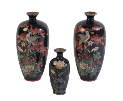 A PAIR OF JAPANESE CLOISONNE VASES Meiji period, 19th century, of baluster shape with midnight blue ground, decorated with ro