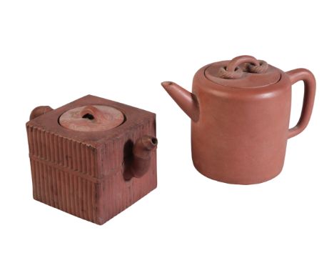 A CHINESE YIXING TEAPOT of square section with bamboo moulded handle and spout, seal mark to the base and marked to the insid