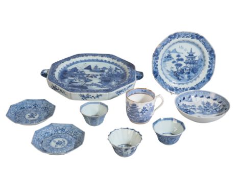 NINE CHINESE BLUE AND WHITE VESSELS 19th century or later, including a Nanking-style plate warmer of 'willow pattern' design,