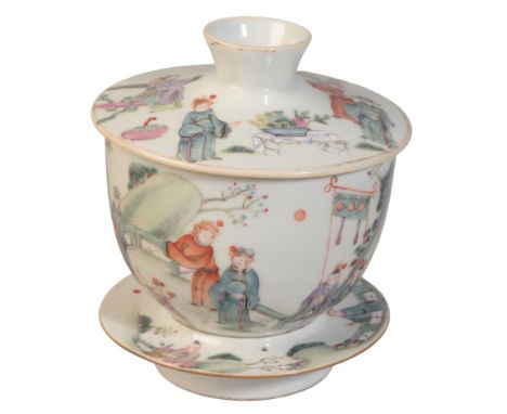 A CHINESE FAMILLE ROSE GAIWAN TEA BOWL, COVER AND STANDprobably early 20th century, bearing six character seal mark to the ba