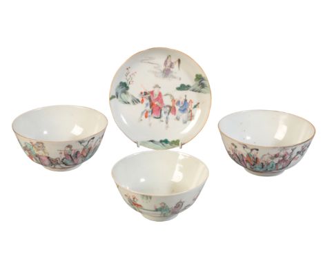 A PAIR OF CHINESE FAMILLE ROSE PORCELAIN BOWLS 20th century, each bearing six character seal marks to the base, decorated wit