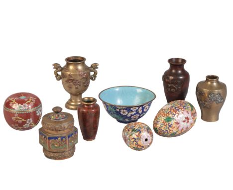 A COLLECTION OF CHINESE CLOISONNÉ VESSELS 19th century and later, including an apple shaped box and cover, a small vase of br