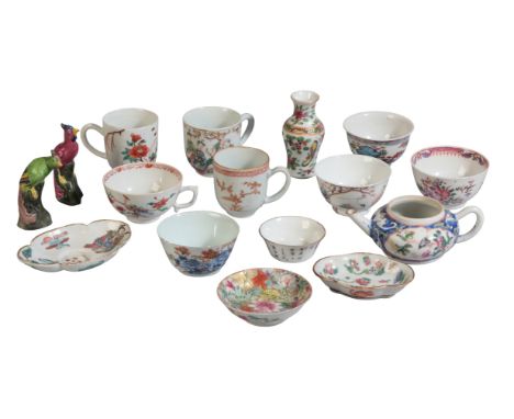 A COLLECTION OF CHINESE FAMILLE ROSE 19th century or later, including two lobed saucers, the larger 11cm long and decorated w