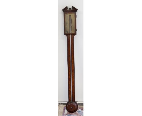 A George III F. Donegal of Stafford mahogany stick barometer, broken pediment, brass gauge, turned cistern cover, height 97cm