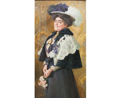 Wagner, Jacob (Swiss) (1864-1915), a three-quarter length portrait of a lady standing wearing a feather hat and holding a bun
