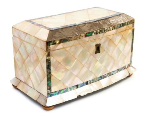 A mother of pearl and abalone tea caddy, first half of the 19th century, of bow front form, fitted interior with twin lidded 