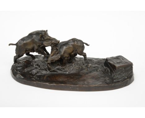 An Orivit Art Nouveau bronze single inkstandish, c.1910, modelled as two wild boars beside a pool forming the pen rest, indis