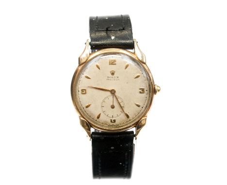 Rolex, a gents gold 1950s Rolex Precision wristwatch, 3cm circular champagne dial with dagger numerals and subsidiary seconds