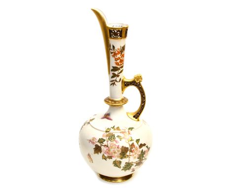 A Royal Worcester blush ivory ewer, late 19th century, florally decorated, reticulated rim and handle, gilt detailing, No.783