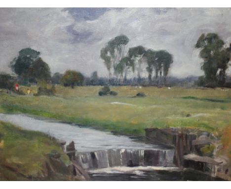 Poole-Smith, Leslie (European). landscape with a weir foreground, oils on re-lined canvas, signed, 34cm by 44cm

