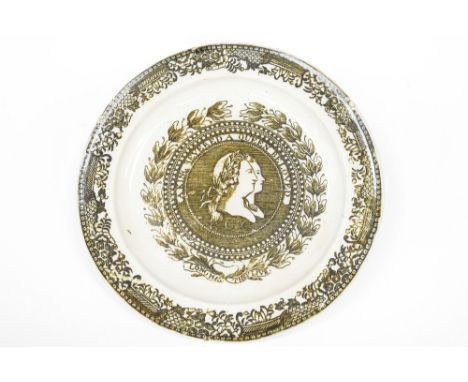 A commemorative pearlware plate for George III and Queen Charlotte, the central double portrait with a border, 'A King Revere