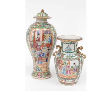 A Canton famille rose baluster vase and cover, 19th century, painted with courtesans in one panel surrounding a magistrate at