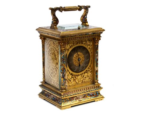A French repeating carriage clock signed by E.Maurice of Paris, c.1890, gilt metal and champleve enamel corniche case, visibl