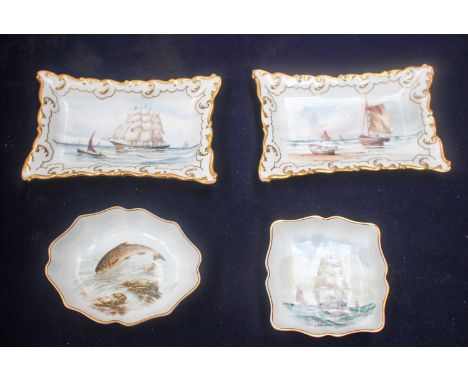 W E J Dean for Royal Crown Derby, a pair of trinket dishes painted with ships, together with another and a transfer decorated