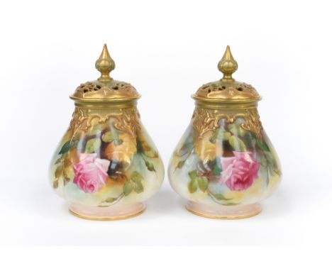 A pair of Royal Worcester rose painted vases, 1911, one decorated by F J Bray, of squat, lobed baluster form with relief moul