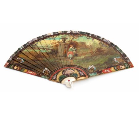A 19th century European hand painted fan, decorated to one side with a Romantic pastoral scene of maidens watering, the rever