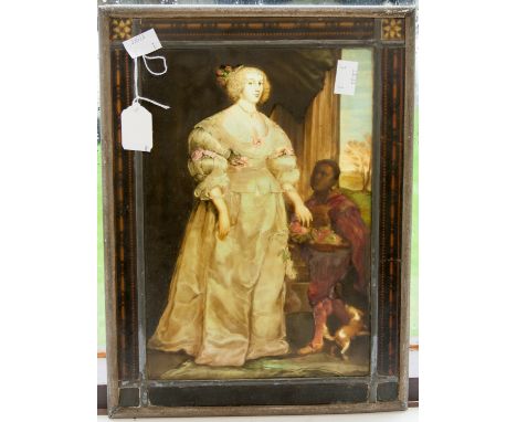A 19th Century painted glass panel of Henrietta Maria after Van Dyck, in the manner of William Kemp. 32cm by 24cm, (With 1987
