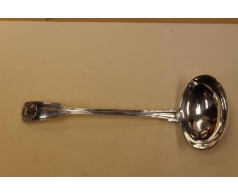 A late Victorian silver fiddle, thread and shell pattern soup ladle, London 1899, 11.41 ozt / 354.6 g approx