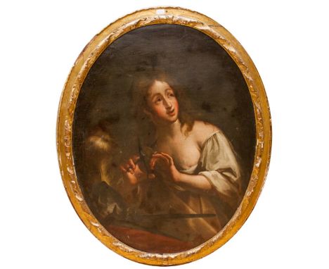 17th Century Venetian School, oval portrait of Lucrezia Borgia, oils on re-lined canvas, unsigned, period gilt frame, 120cm b