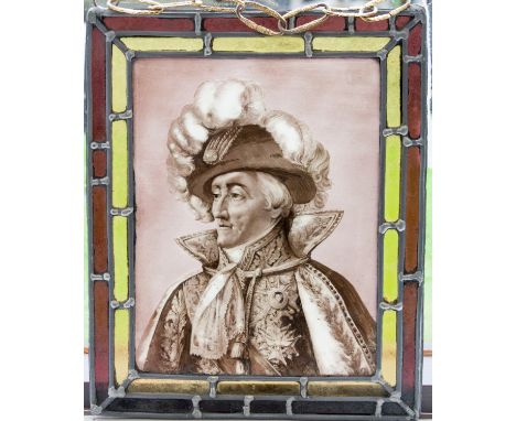 A Victorian leaded stained glass panel, c.1880, painted with a half length portrait of Wellington in full regalia, 30cm by 25