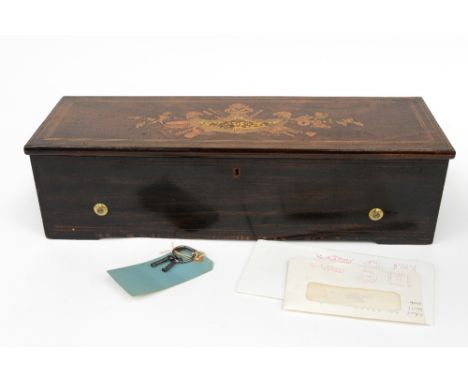 A Nicole Freres table top cylinder music box, late 19th century, the case strung and inlaid with a musical trophy, cardboard 