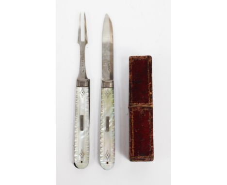 A George IV sterling silver mother of pearl knife and fork set in red Morocco case, Sheffield 1824