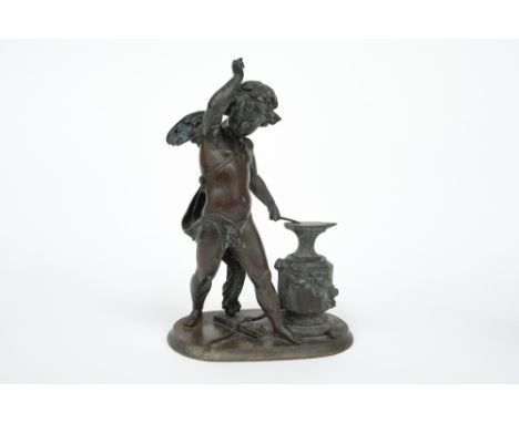 A French bronze sculpture, late 19th century, modelled as a cherub standing and forging his arrows, (hammer missing), unsigne