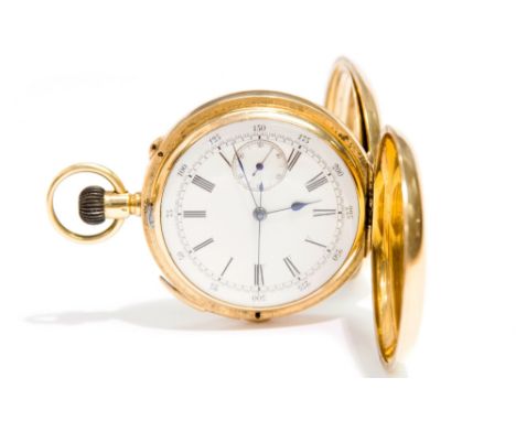 An 18 cacart gold Swiss repeat chiming chronograph hunter pocket watch, the movement signed with patent number 66188 782, the