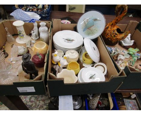 various china, 8 French picture plates with 5 small matching, veg pots, figures, glass birds etc etc