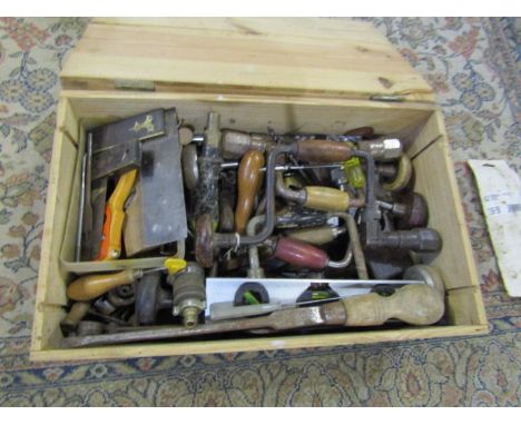 Wooden box of tools to include set squares and hand drills etc&nbsp;