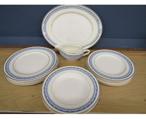 Portland pottery Cobridge - 6 dinner plates, 6 lunch plates, 3 bowls, gravy boat and oval platter