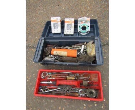 Plastic toolbox with tools and Stihl chainsaw chains etc